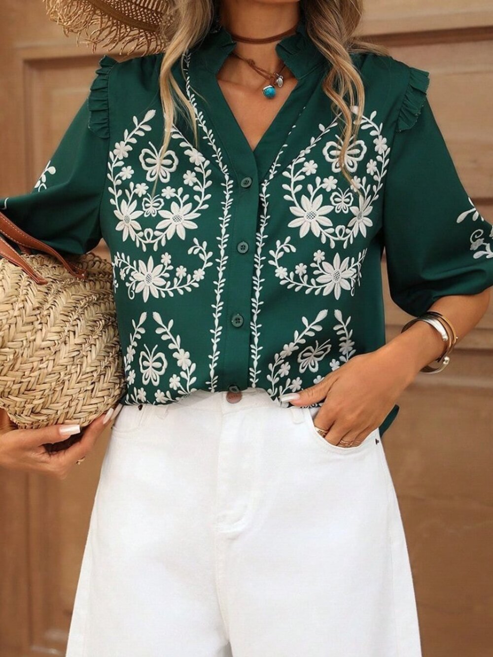 Green Boho Women's V-Neck Ruffle Trim Open Front Casual Printed Shirt - Picture 6 of 7